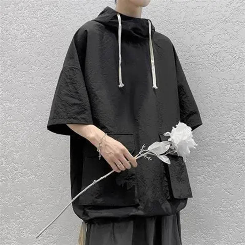 Summer and Autumn Hooded Short-sleeved T-shirt Men's Korean Version Half-sleeved Sweater Men's All-match Student Loose Hooded 5-point Sleeve Top