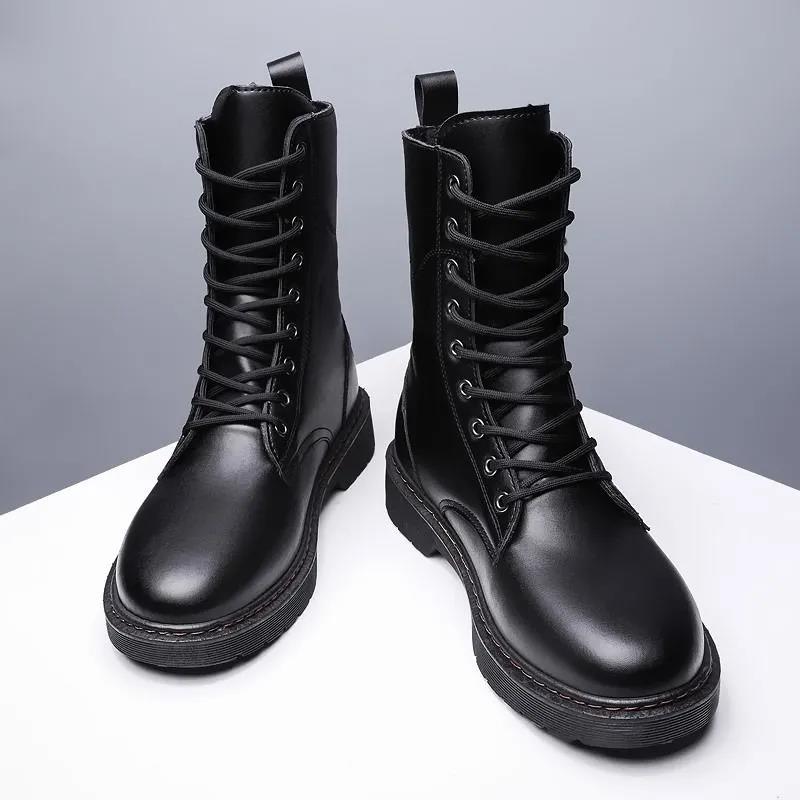 Autumn High-top Cowboy Boots All-match Outdoor Martin Boots Men's Casual British Tooling Leather Boots Men's Lace-up Black Handsome Motorcycle Boots