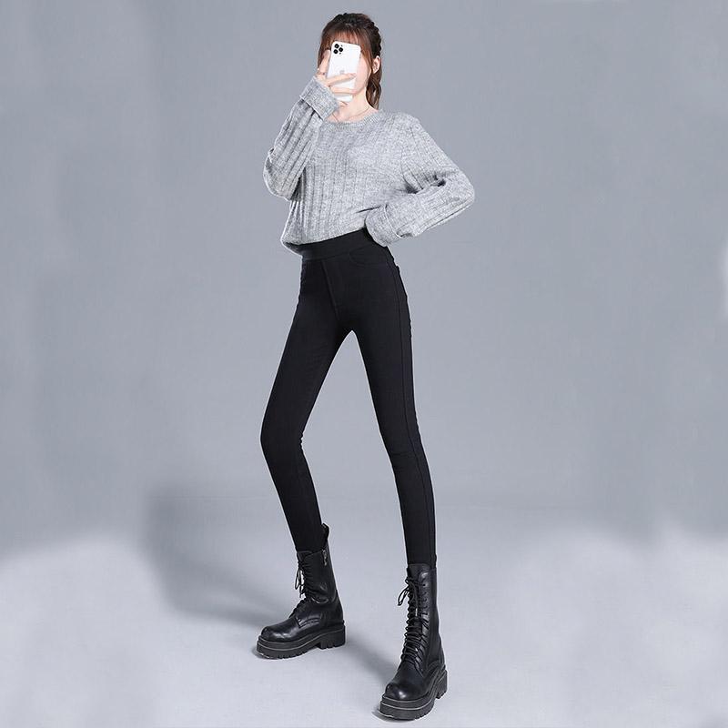 2pcs Winter High Waist Black All-match Black Pencil Pants with Small Feet Korean Fashion Cotton Pants Plus Velvet Thickening Base