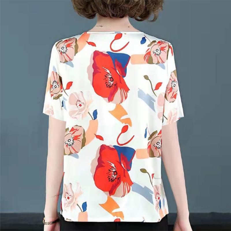 Summer Printing Middle-aged and Elderly Fashion Printing Ladies Age-reducing T-shirt Loose Short-sleeved Foreign Style Meat-covering Top