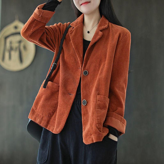 Corduroy Suit Collar Solid Color Short Jacket Women's Spring and Autumn Long-sleeved Pocket Literary Retro Casual Jacket Top
