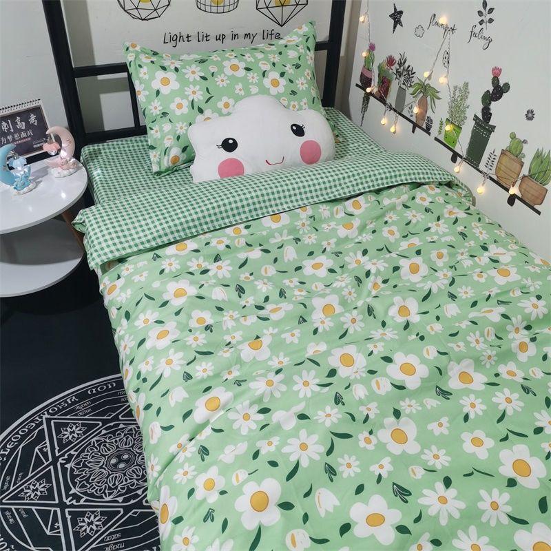 Three-piece Bed Set 1.2m Dormitory Bed Sheet Quilt Cover Pillowcase Set Bedding Striped Plaid Cute Style