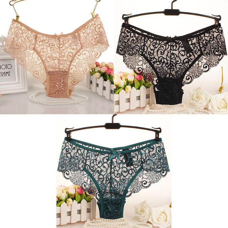 3PCS Ladies Mid Waist Sexy Panties Premium Lace Lace Women Briefs Plus Size Lingerie Shorts Transparent Underwear Women Hollow Out Panties