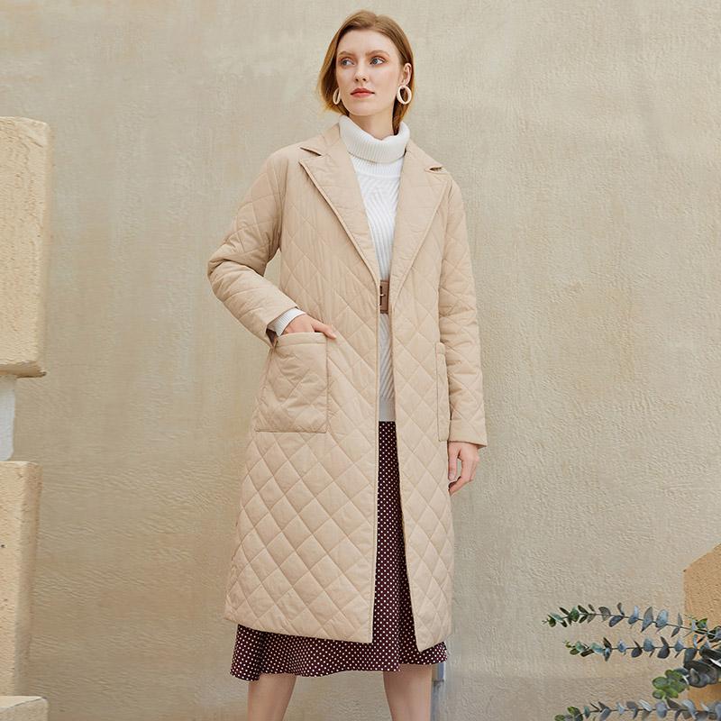 Long Straight Winter Coat with Rhombus Pattern Casual Sashes Women Parkas Deep Pockets Tailored Collar Stylish Outerwear