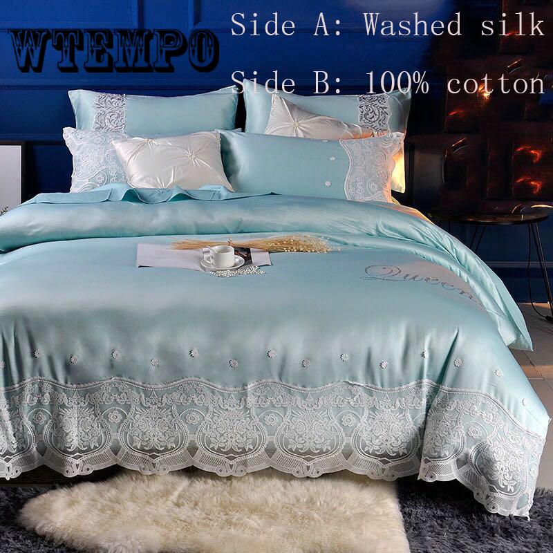 Bedroom Home Bedding Set European Silk Four-piece Fashion Lace Bed Skirt All Seasons