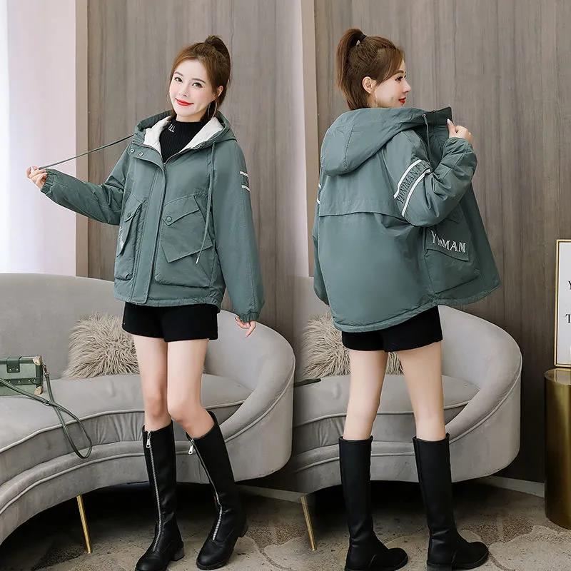Winter Women's Parker Down Jacket Korean Fashion Printing Plus Velvet Thick Warm Hooded Down Cotton Jacket