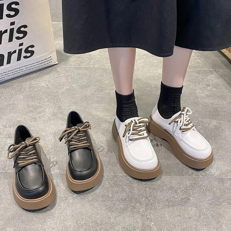Ladies Small Leather Shoes British Style Spring College Style Jk Lace-up Thick-soled Shoes Girls Thick-bottomed Thick-heeled Loafers