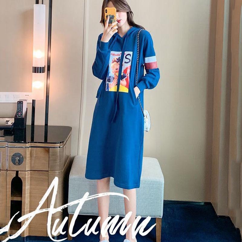 S-XXXL Mid-length Sweater Dress Female Spring and Autumn Leisure Plus Size Hooded Long Sleeve Loose Dress