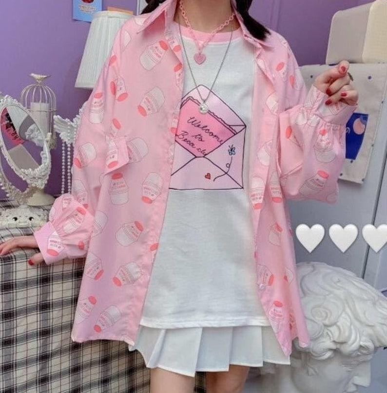 Harajuku Clothing Pastel Lilac Strawberry Milk Pastel Lilac Button Up Shirt Harajuku Shirt Tumblr Shirt Lolita Shirt Cute Tee Milk Tee Shirt
