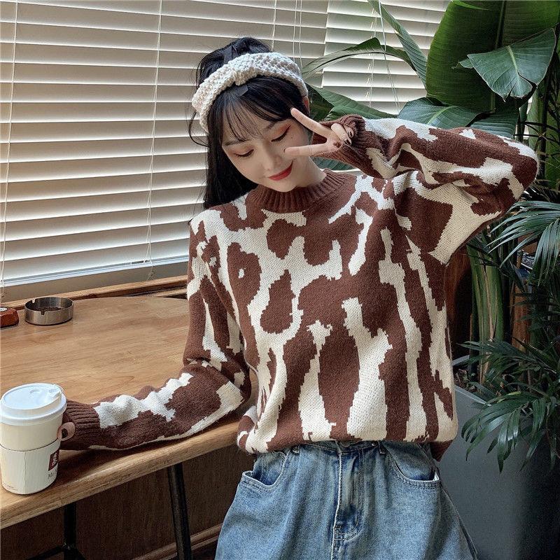 Autumn Winter  Women Fashion Sweater Short Leopard  Knitting Sweater  Round Neck Pullovers Loose Casual Long Sleeve Sweater