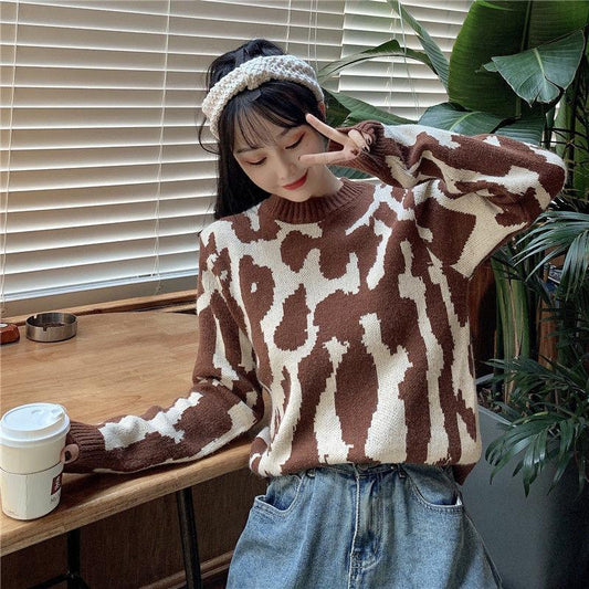 Autumn Winter  Women Fashion Sweater Short Leopard  Knitting Sweater  Round Neck Pullovers Loose Casual Long Sleeve Sweater