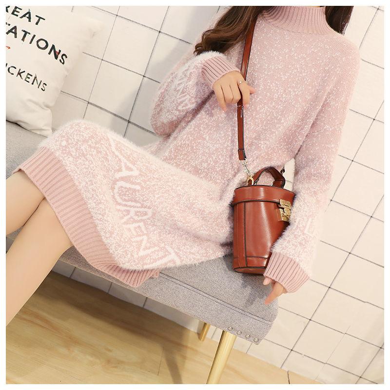 Women's High Neck Pullover Sweater Thick Loose Mid-length Mohair Sweater Bottoming /outwear Sweater Dress