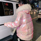 Women's Glossy Loose Down Jacket Mid-length Korean Thick Coat Warm Cotton Coat with Big Fur Collar Winter Quilted Jacket
