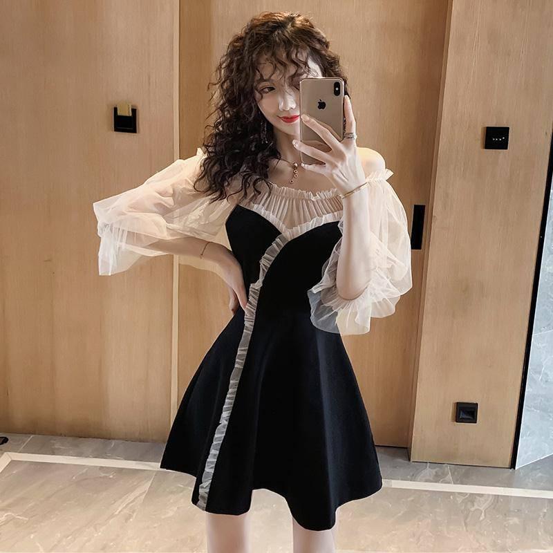 Lady Temperament Sexy Feminine Black Skirt Mini Dress Mesh Gauze Strapless Dress Tide