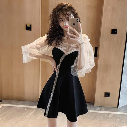 Lady Temperament Sexy Feminine Black Skirt Mini Dress Mesh Gauze Strapless Dress Tide