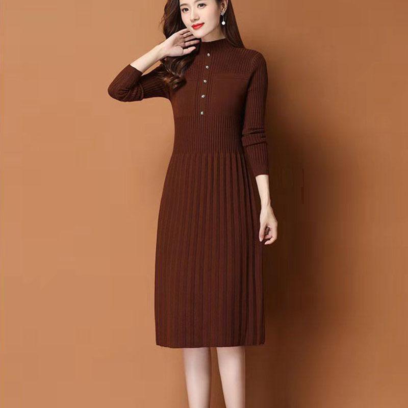 Autumn and Winter Thick Knitted Dress Mid-length Over The Knee Casual Bottoming Skirt Fashion Solid Color Women's Sweater Dress