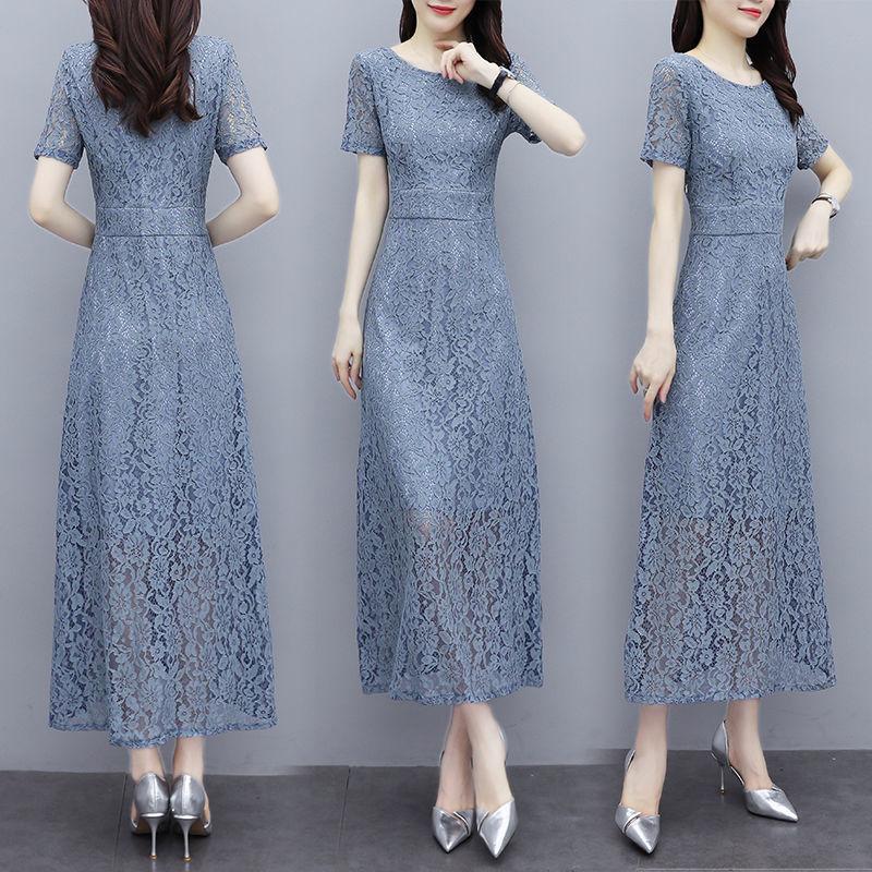 Korean Version Black High-end Lace Dress Female Spring Summer Short Sleeve Round Neck Long Dress