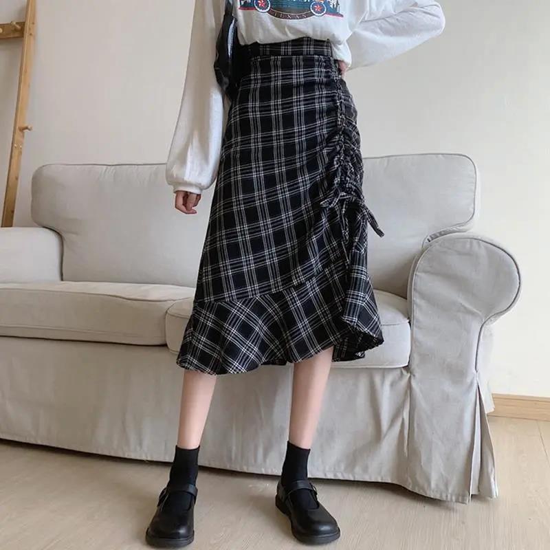 Folds Plaid Skirt Women High Waist A-line Mid-length Half Skirt Thin Daily Student School