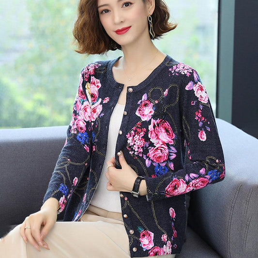 Autumn Casual Knit Cardigan Women Long Sleeve O-Neck Knit Top Soft  Plus Size Woolen Sweater Fashion Flower Print Cashmere Sweater