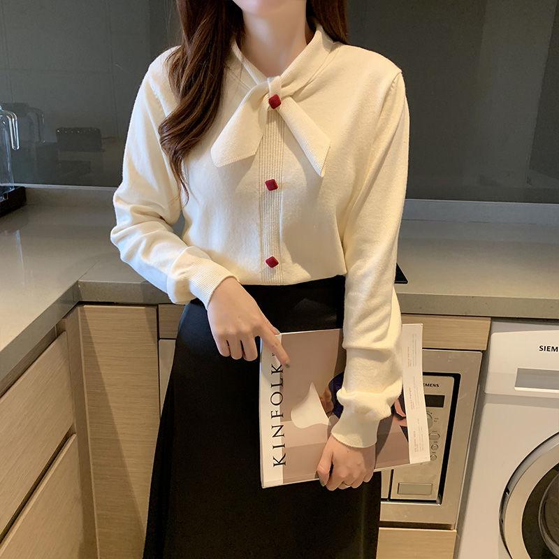 Autumn and Winter Thickening Slim Bow Sweater Women's Long Sleeves Were Thin Inside A Low Collar Knitted Bottoming Shirt Women