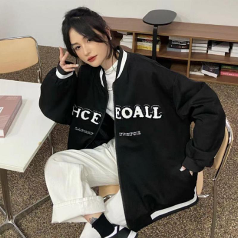 Baseball Uniform Jacket Women's Spring and Autumn Solid Color Outer Wear Casual Sports Loose Salt Fried Street Jacket Tide