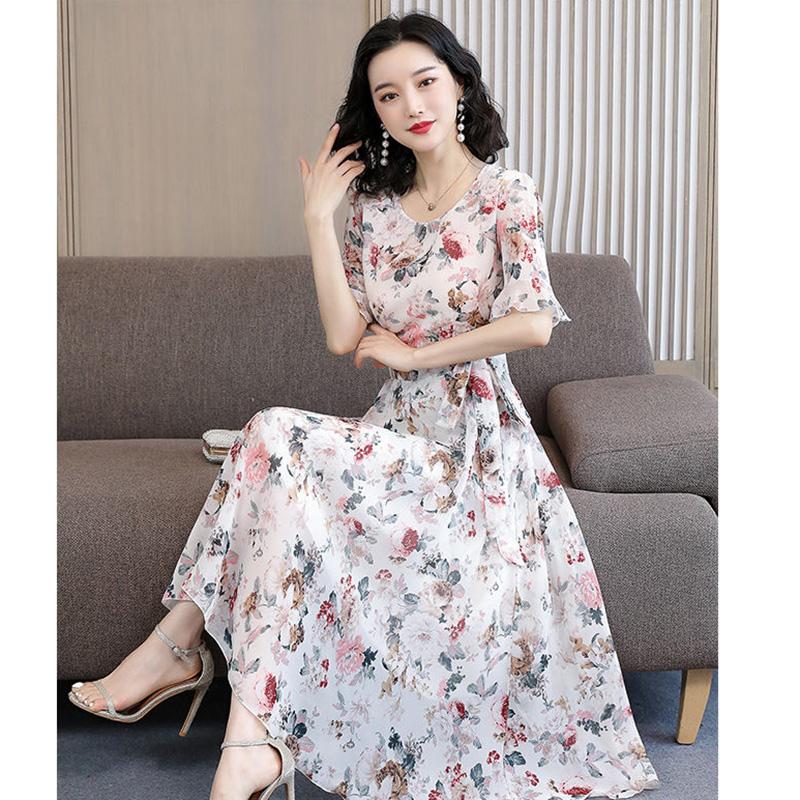 Short-sleeved Chiffon Dress Female Summer Plus Size Waist Slimming Long Round Neck Floral Skirt Temperament Elegant Chiffon Dress