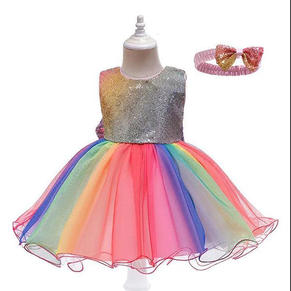 Girls Princess Dress Bowknot Evening Dress Rainbow Sequined Skirt Performance Costume Fluffy Mesh Dress