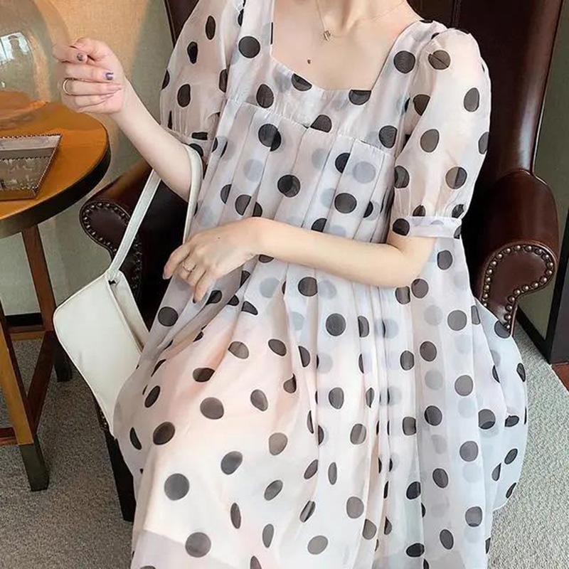 WTEMPO Plus Size M-XXXXL Women Dress Summer Puff Sleeve Casual Polka Dot  Knee-length Dress