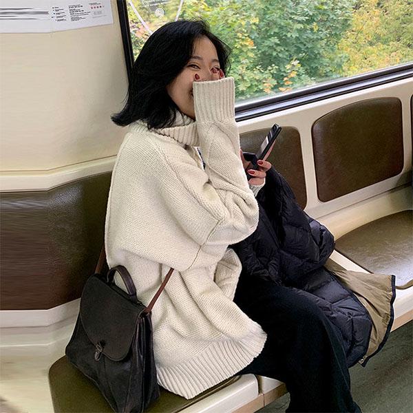 Thick Turtleneck Sweater Women's Mid-length Winter Lazy Wind Loose Students All-match Twist Knit Sweater