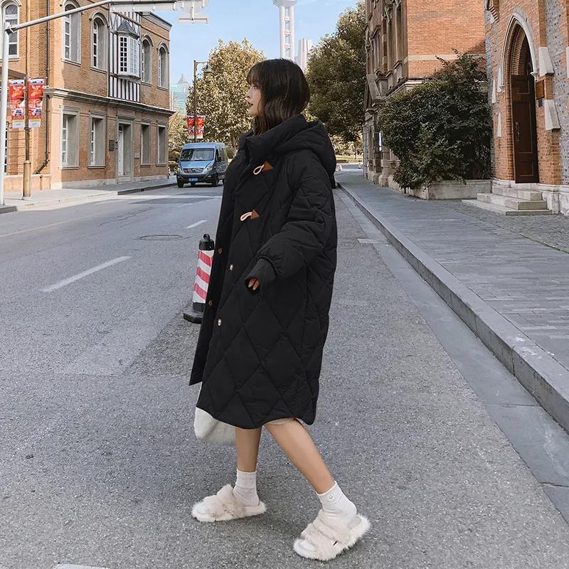 Down Jacket Winter Thick Horn Buckle Hooded Cotton-padded Jacket Korean Version of The Diamond Lattice Mid-length Over-the-knee Down Jacket for Women
