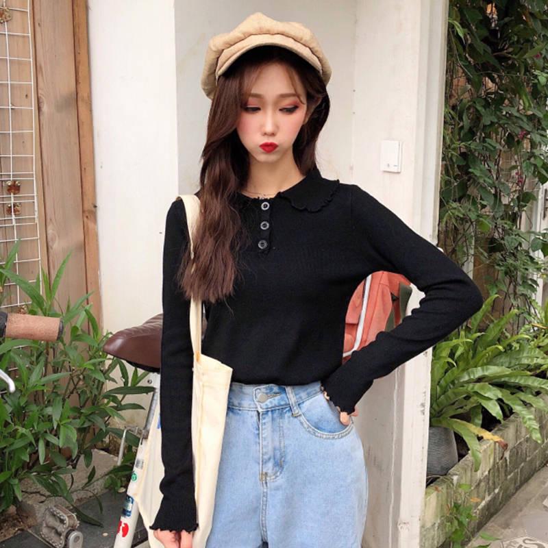 Lapel Solid Color Wild Sweater Women's Pullover Was Thin Long-sleeved Bottoming Sweater