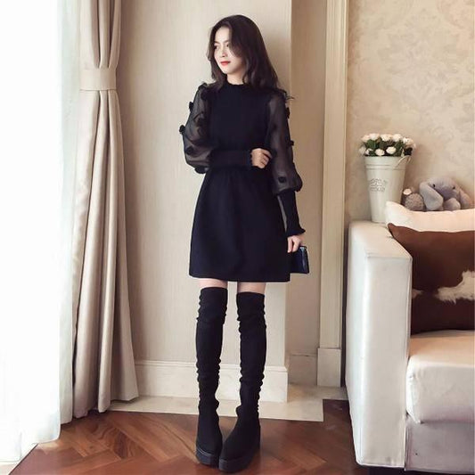 Pofulove Dress Fairy skirt in long Waist was thin outside wear Women's Wild winter Long Sleeve
