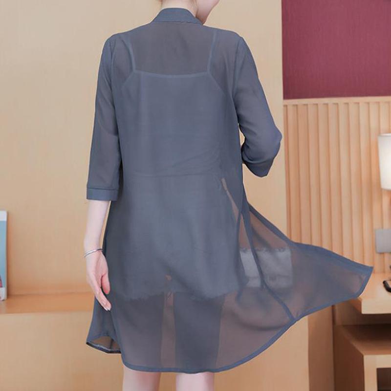 Women's Solid Color Long Coat Sun Protection Clothing Women's Mid-length Beach Chiffon Cardigan Shawl Air-conditioning Shirt Thin Coat