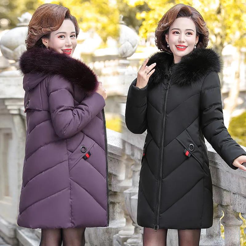 Winter Women's Down Jacket Fashion Fur Collar Hooded Jacket Thick and Warm Large Size Medium and Long Cotton Jacket