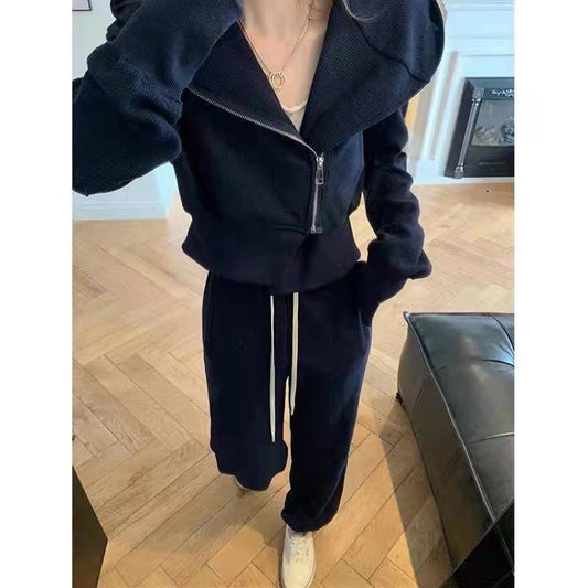 Women's Sports Suit Autumn Retro Royal Sister Fried Street Temperament Sweater Casual Suit Hooded Cardigan Sweater Jogging Trousers Two-piece Set