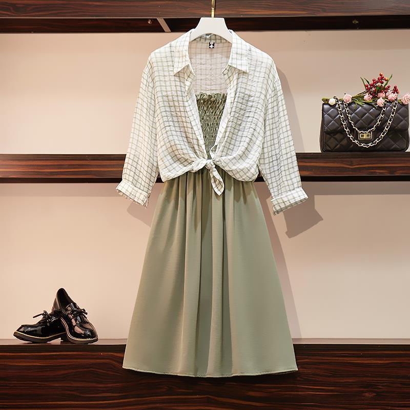 Women Plus Size Summer Deep V-neck Bat Blouse Strap Dress Set