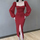 Female Retro Elegant Long Sleeve Court Style Bubble Sleeve Slim and Long Split Graceful Dress