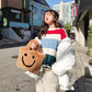 Pofulove Striped Sweater Loose Autumn Winter Korean Lazy Wild Round Neck Pullover Coat Schoolgirl