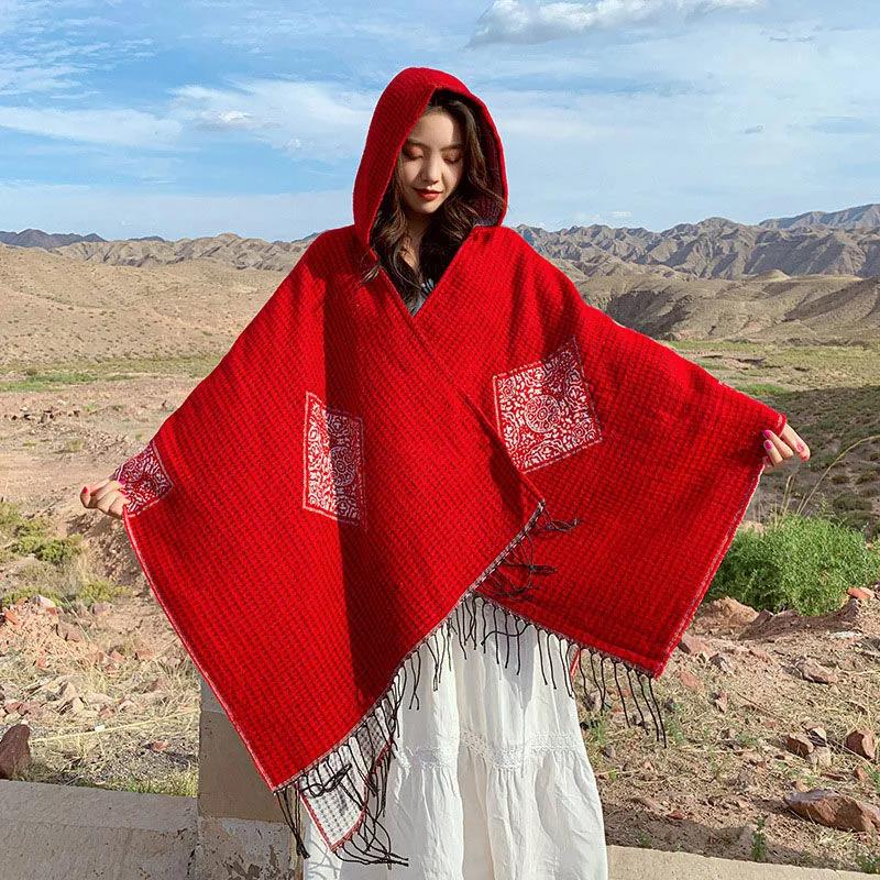 Hooded Shawl Cloak Female Autumn and Winter Thickening Warm Red Shawl Windproof Buckle Hooded Cloak Ethnic Style Travel Outside