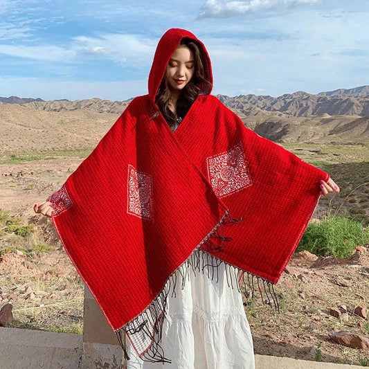 Hooded Shawl Cloak Female Autumn and Winter Thickening Warm Red Shawl Windproof Buckle Hooded Cloak Ethnic Style Travel Outside