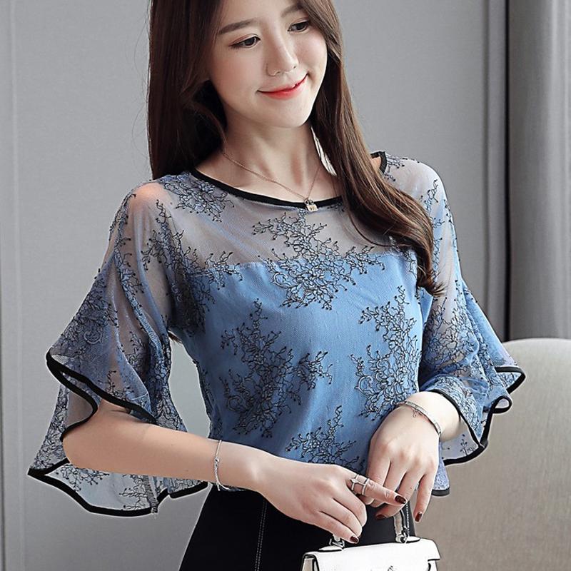 Summer Lace Stitching Women Shirt Embroidery Tops Casual Crochet Hollow Out Blouse