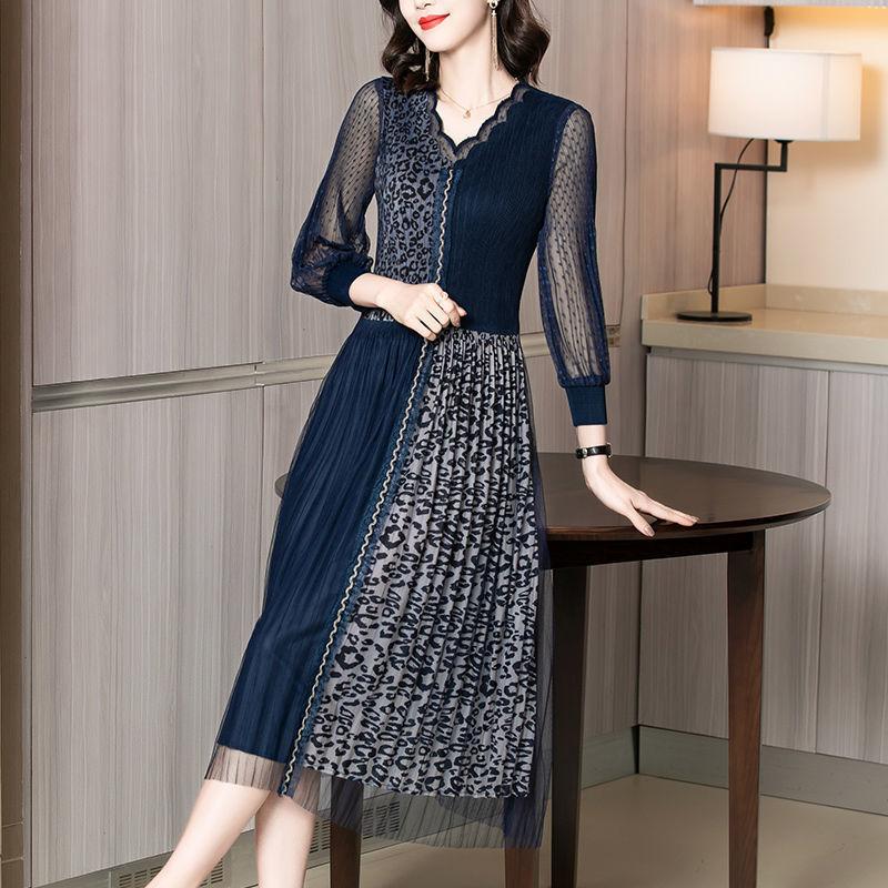Lace Dress Female Spring Summer V-neck Leopard Print Over The Knee Long Skirt Purple Dress Mid-length Casual Large Size