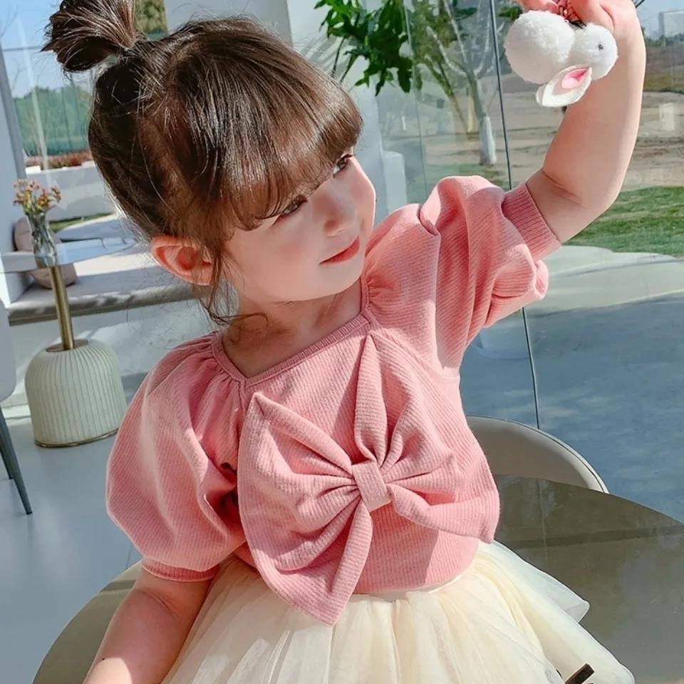 Girls' Summer Bowknot Short-sleeved Tops Korean Children's Cotton T-shirts Middle and Small Children's Western Style Bottoming Shirt