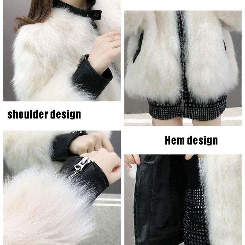 Fur Coat Women Faux Fox Fur PU Leather Stitching Jacket Short Thick Furry Coat Winter  Female Outwear