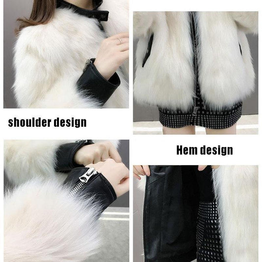 Fur Coat Women Faux Fox Fur PU Leather Stitching Jacket Short Thick Furry Coat Winter  Female Outwear