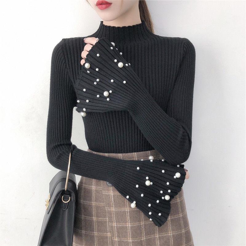 Flared Sleeves Pullover Sweater Women Autumn and Winter Slim Beaded Sweater All-match Bottoming Shirt