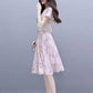 Pofulove S-3XL Women O-neck Chiffon Plaid Dress with Belt Slim Sexy Short-sleeved Long A-line Dress