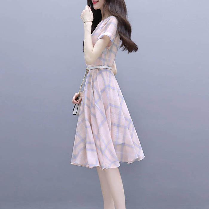 Pofulove S-3XL Women O-neck Chiffon Plaid Dress with Belt Slim Sexy Short-sleeved Long A-line Dress