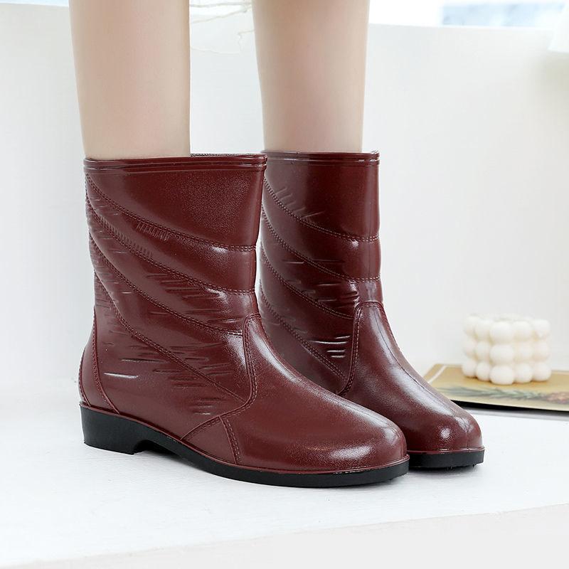 Ladies Rain Boots Mid Tube Faux Leather Anti-Slip Water Shoes Water Boots Kitchen Waterproof Shoes