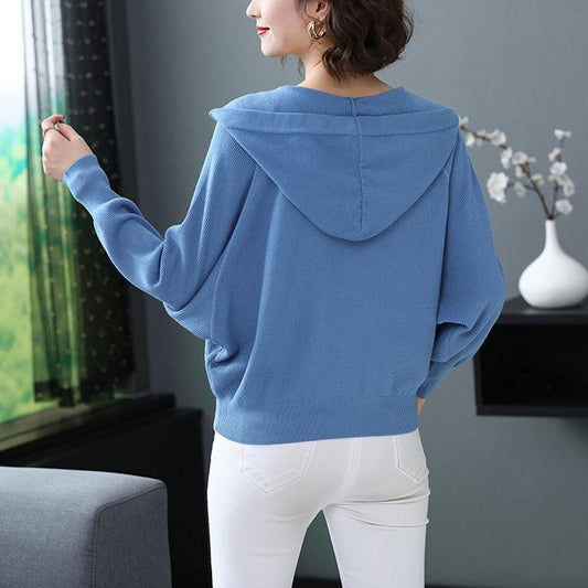 Autumn and Winter Cropped Hooded Top Simple Loose Knit Sweater Fashion Cardigan